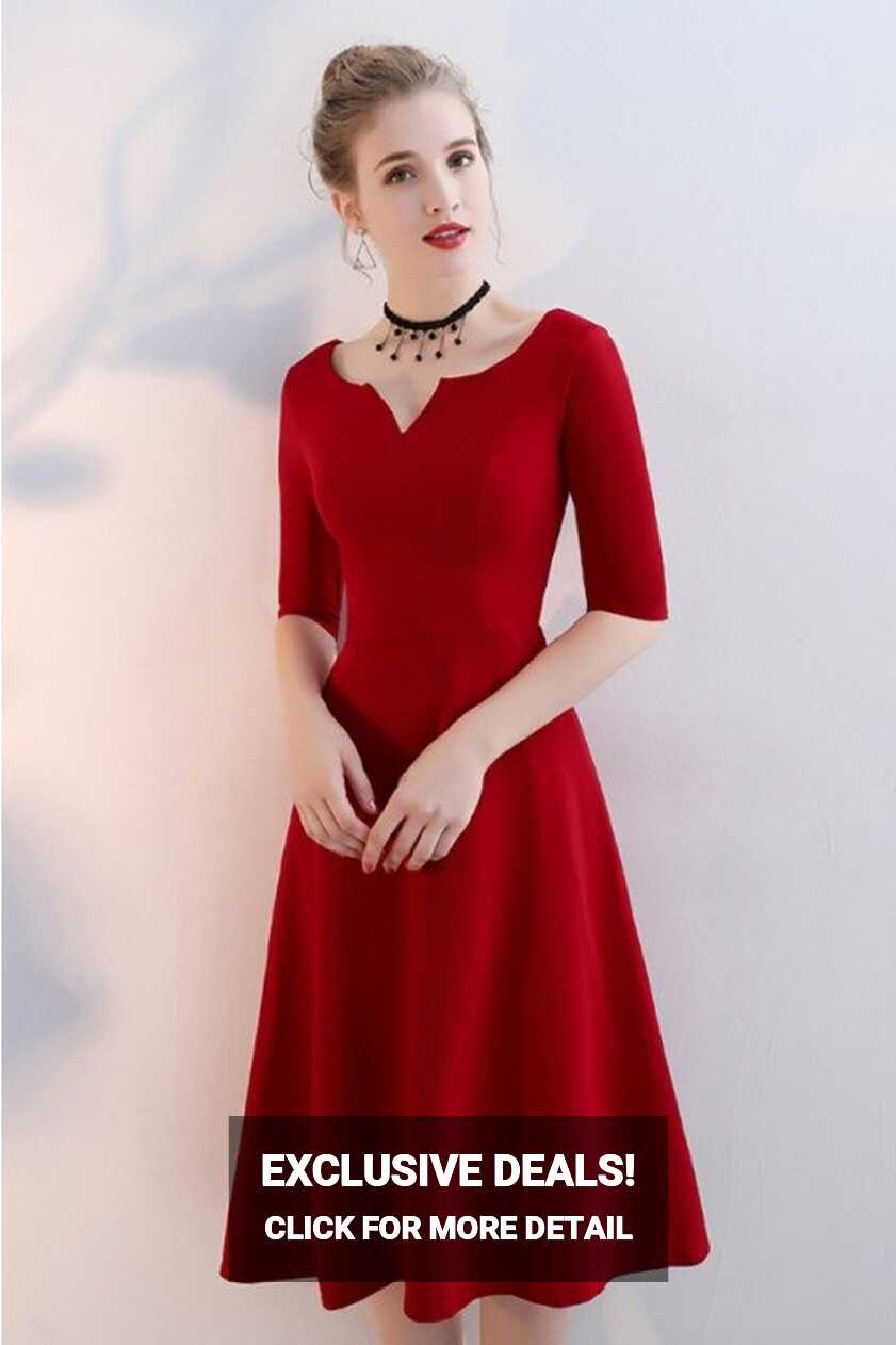 Simple Burgundy Aline Knee Length Party Dress with Sleeves - $75 ...