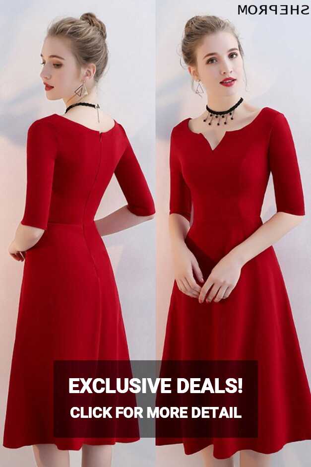 Simple Burgundy Aline Knee Length Party Dress with Sleeves