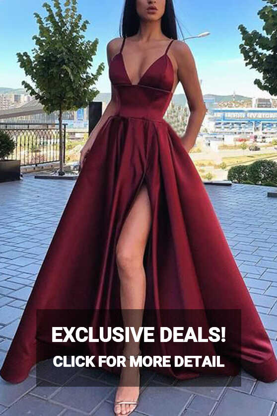 Simple Dark Red Satin Ball Gown V-neck Spaghetti Straps Prom Dress ...