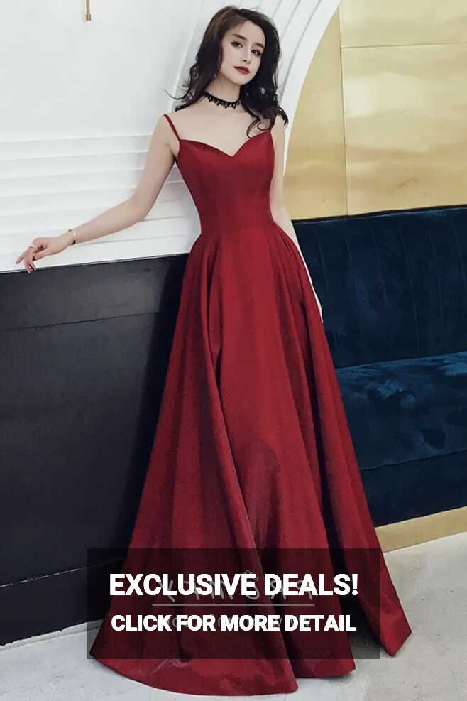 Simple Dark Red Satin Curved V-neck Long Prom Dress - Promfy