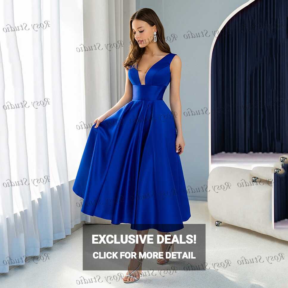 Simple Deep V-neck Royal Blue Cocktail Dresses A-line Satin Short ...