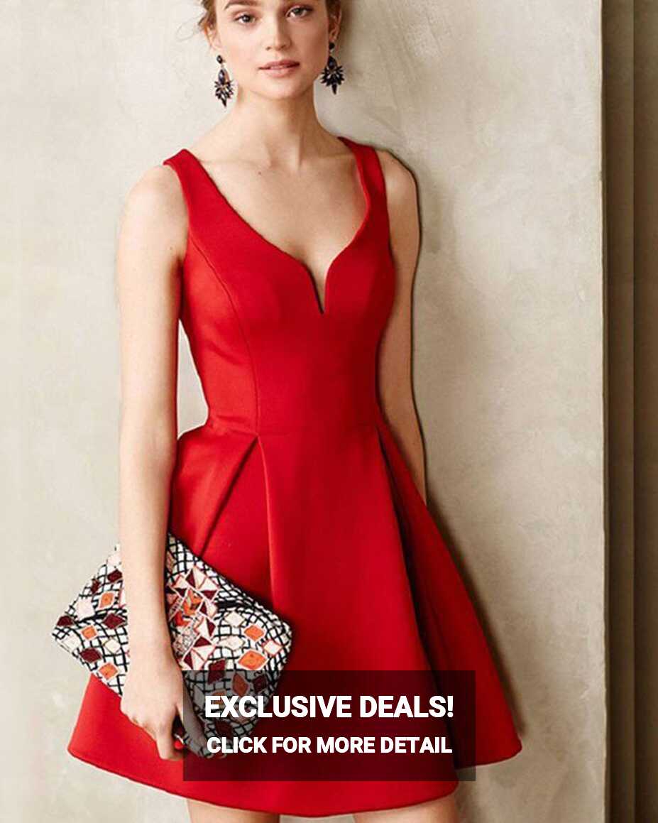 Simple Elegant Square Neck Red Cutout Satin Short Formal Dress HD3421