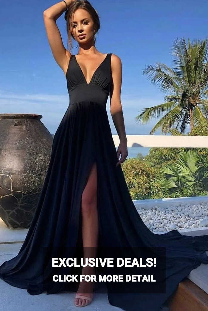 Simple Elegant V-Neck Long Black Prom Dresses A-line Event Dresses ...