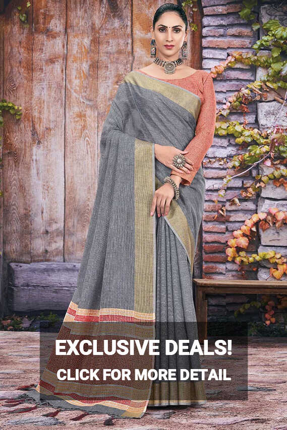 Simple Lehenga Woven Zari Work Linen Grey Indian Saree|SARV123107