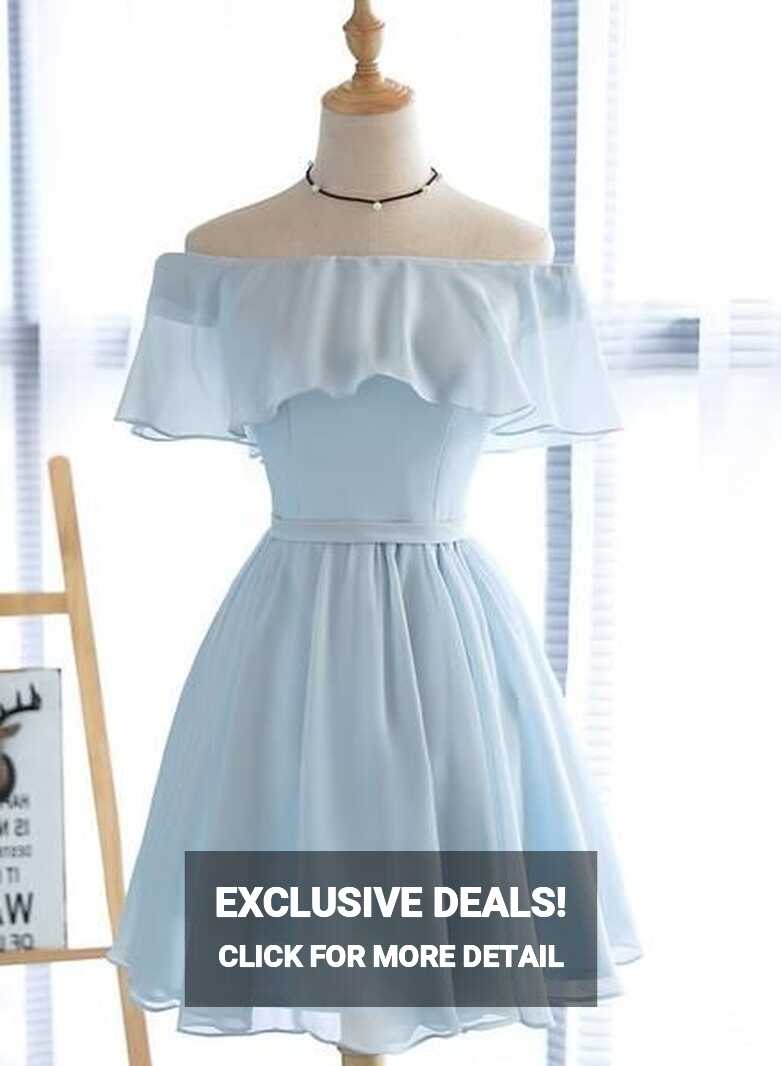 Simple Light Blue Off Shoulder Formal Dress , Short Party Dresses