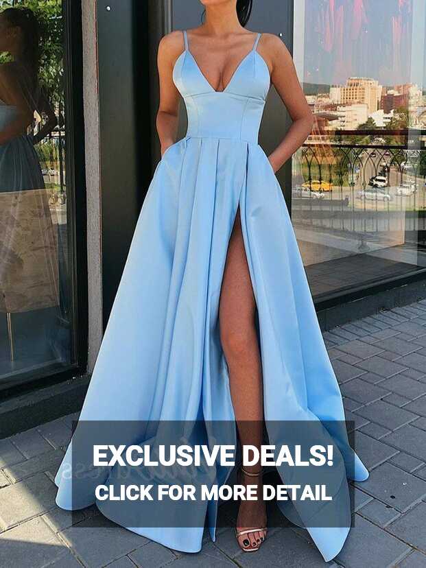 Simple Light Blue Spaghetti Strap Prom Dresses with Pockets FD1551 ...