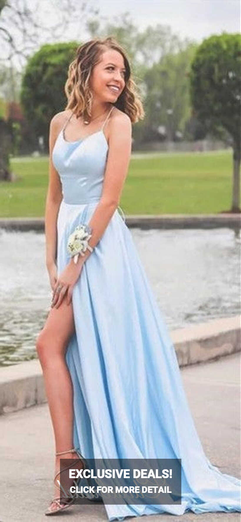 Simple Long A-line Light Blue Elastic Satin Prom Dresses, Side ...