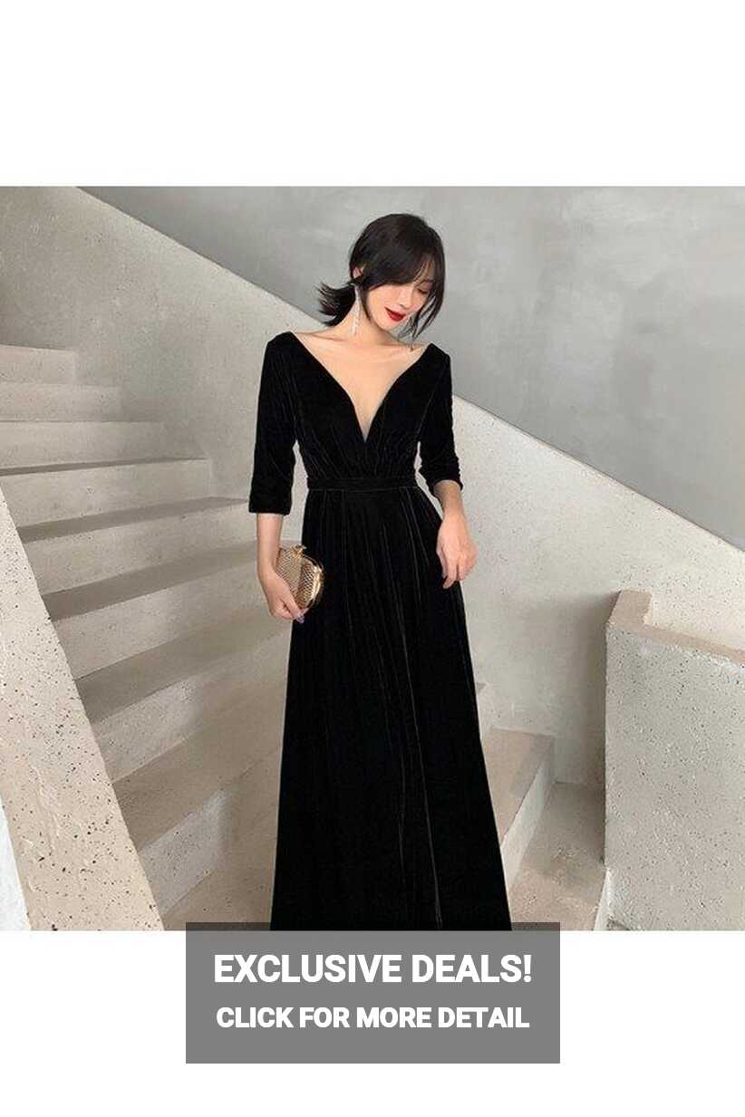 Simple Long Black Vneck Elegant Evening Dress With Sleeves