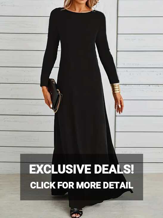 Simple Maxi Dress Casual Crew Neck Long Sleeve Solid Dress - Temu