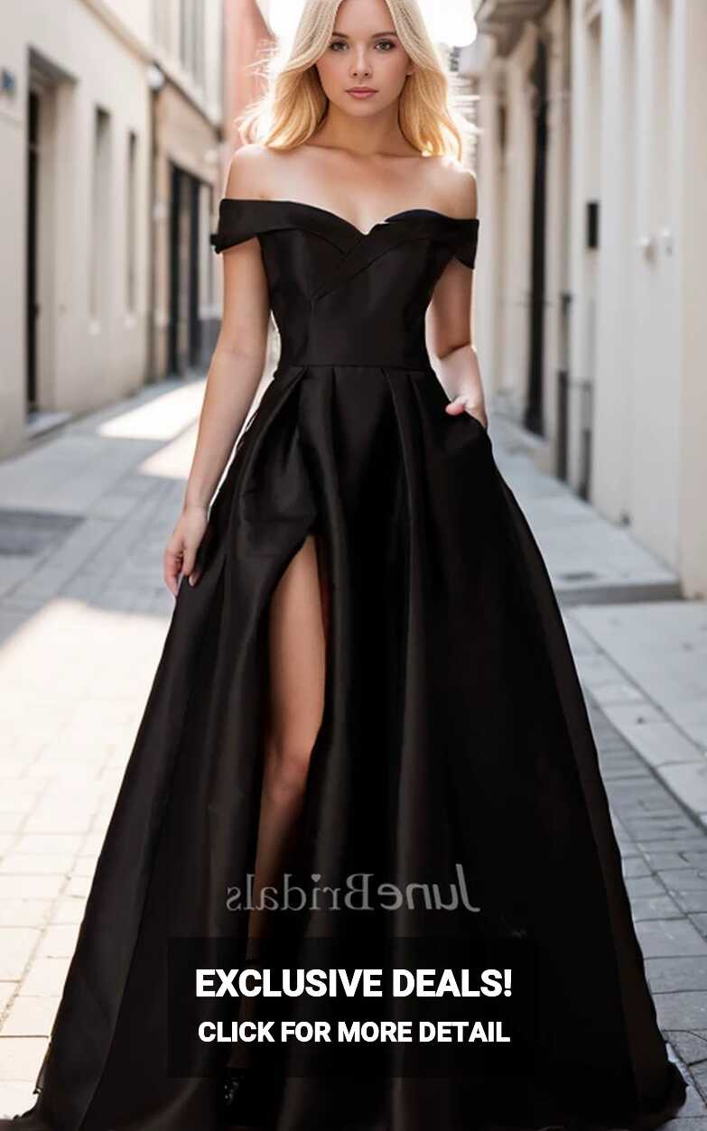 Simple Modest Black A-Line Off-the-Shoulder Long Wedding Dress ...