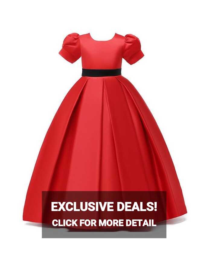 Simple Pleated Red Satin Princess Girl Formal Dress For 7-16 Years