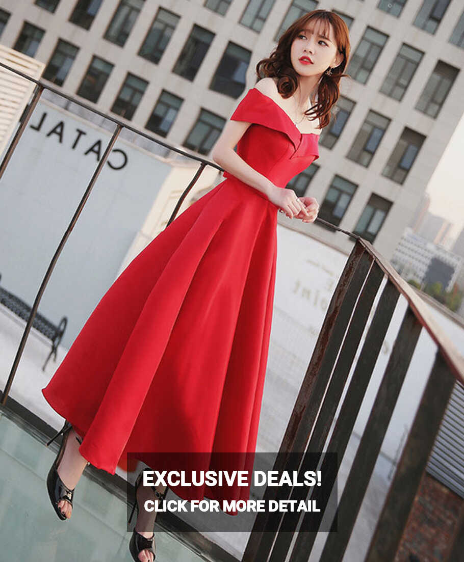 Simple Red Off Shoulder Tea Length Prom Dress, Red Evening Dress ...