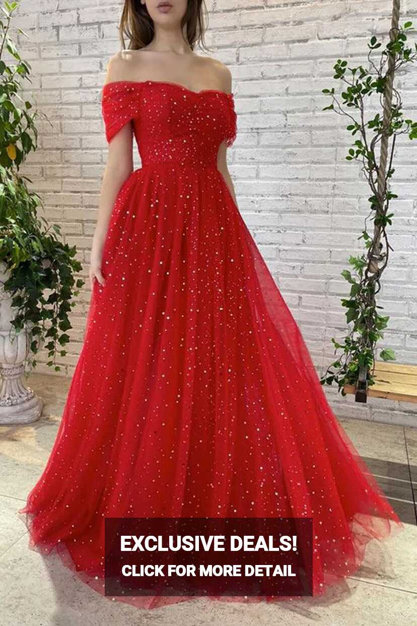 Simple Red Off Shoulder Tulle Long Prom Dress Red Evening Dress ...