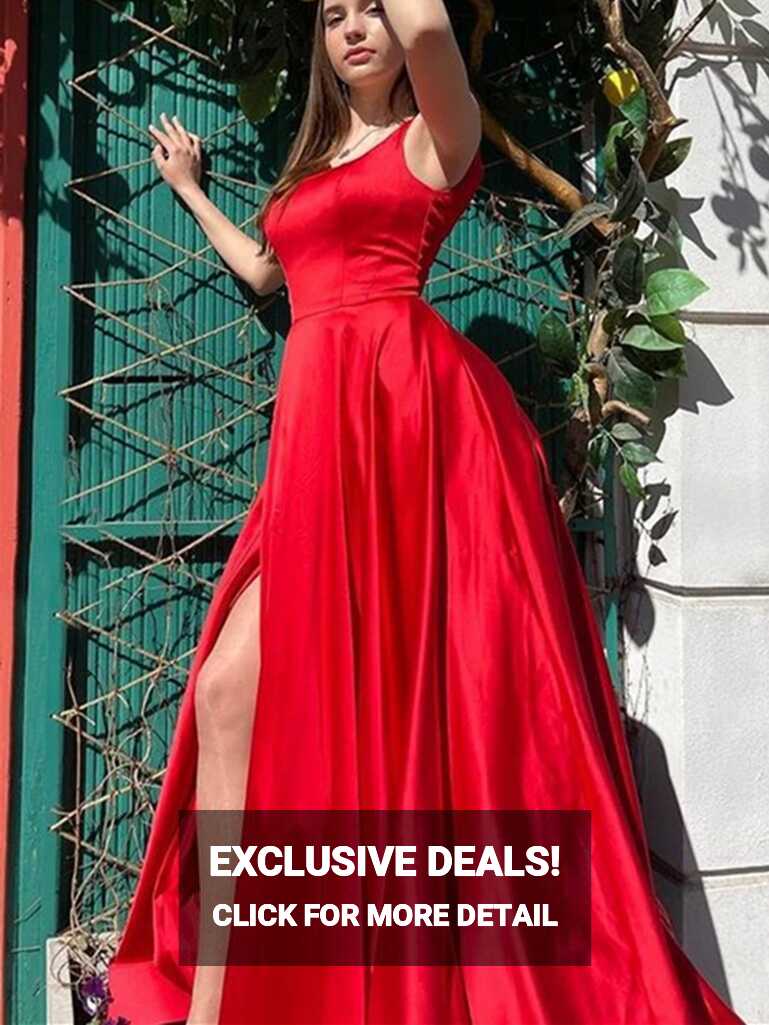 Simple Red Satin Long Prom Dresses With High Slit, Long Red Formal ...