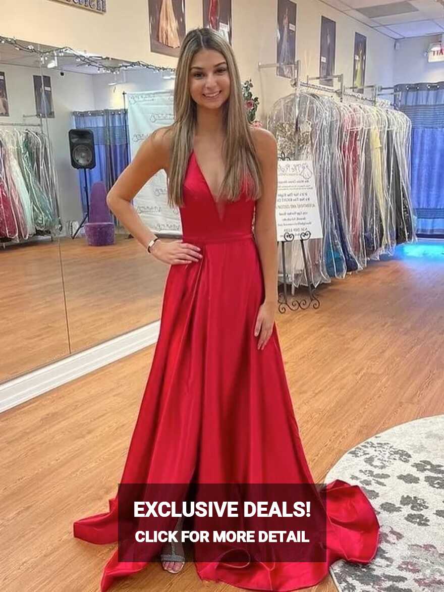 Simple Red Satin Prom Dresses V Neck Backless Long Formal Dress ...