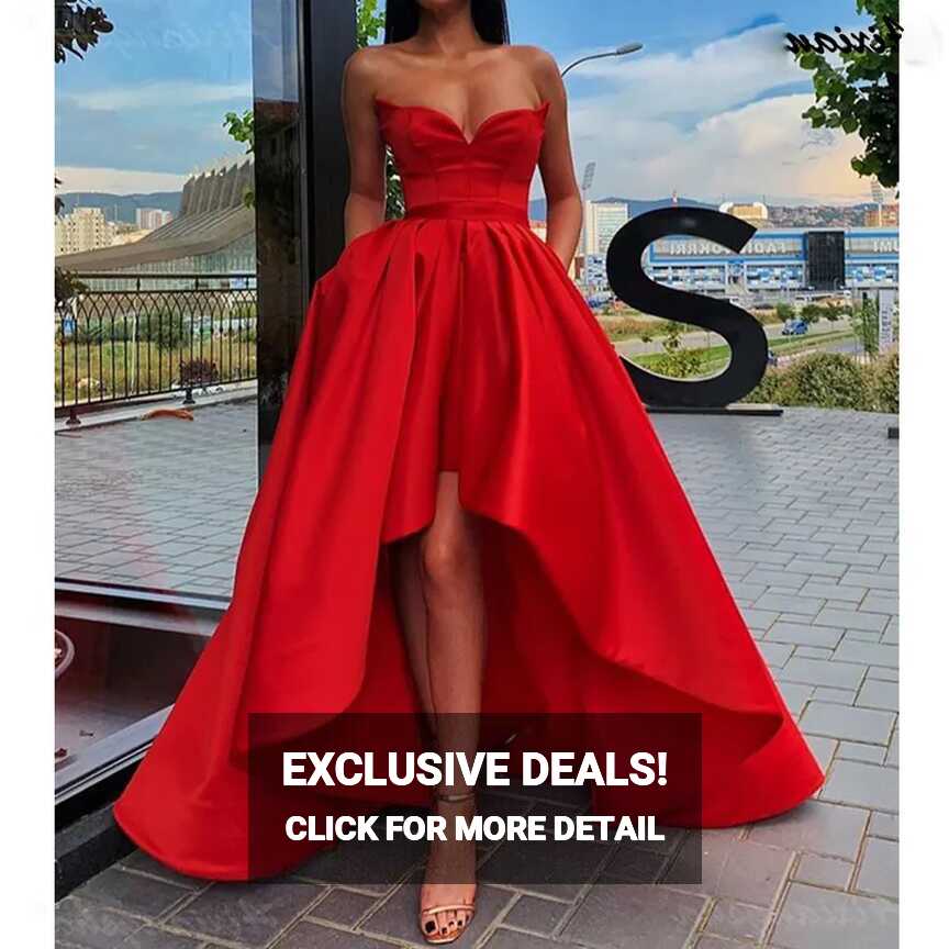 Simple Red Sweetheart Neck Prom Dress Satin A Line Hi Lo With ...