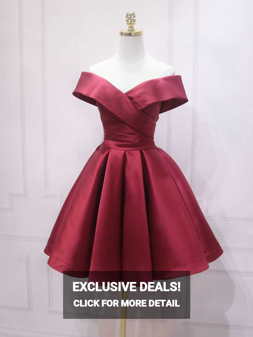 Simple Satin Off The Shoulder Burgundy Short Party Dress Formal Dress