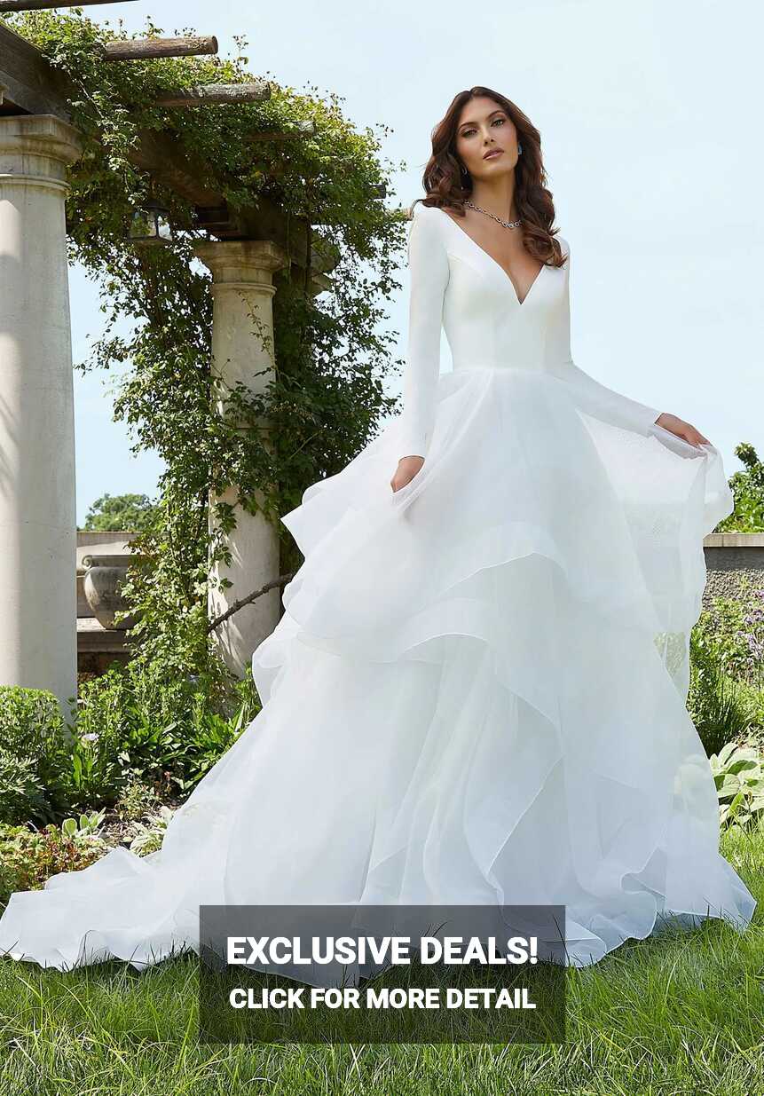 Simple Satin Plunging V Neckline Ball Gown Long Sleeves Wedding ...