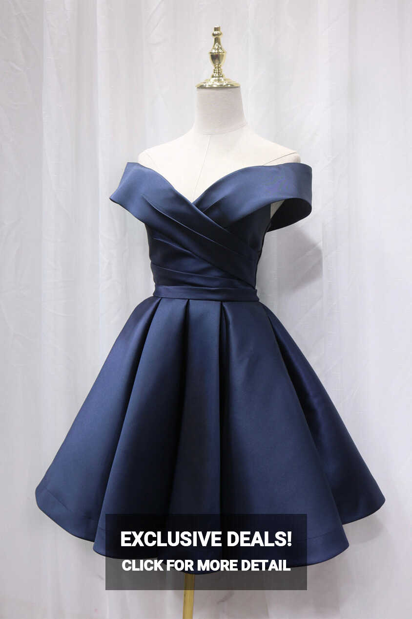 Simple Satin Short Prom Dress, Off Shoulder Blue Party Dress