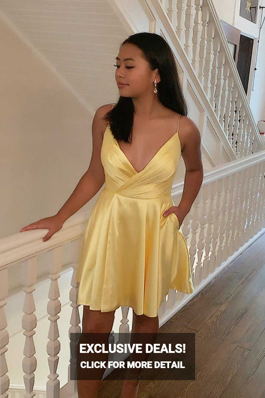 Simple Short V-neck Yellow Homecoming Dresses With Pockets Casual Dres