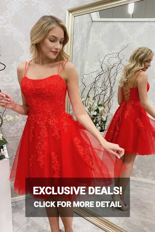 Simple Spaghetti Straps Red Lace Short Homecoming Dresses ...