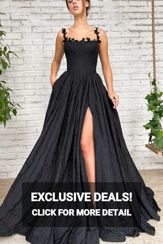 Simple Taffeta Black A Line Long Prom Dress With Slit PL496 | Promnova