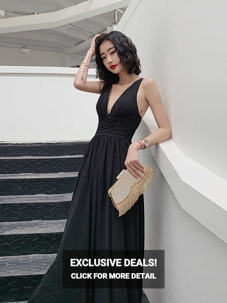 Simple V Neck Chiffon Black Long Prom Dress, Black Evening Dresses ...