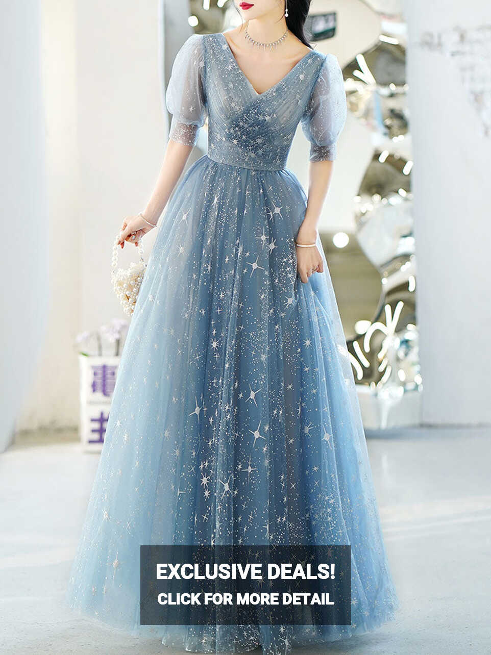 Simple V Neck Tulle Star Blue Long Prom Dress, Blue Formal ...