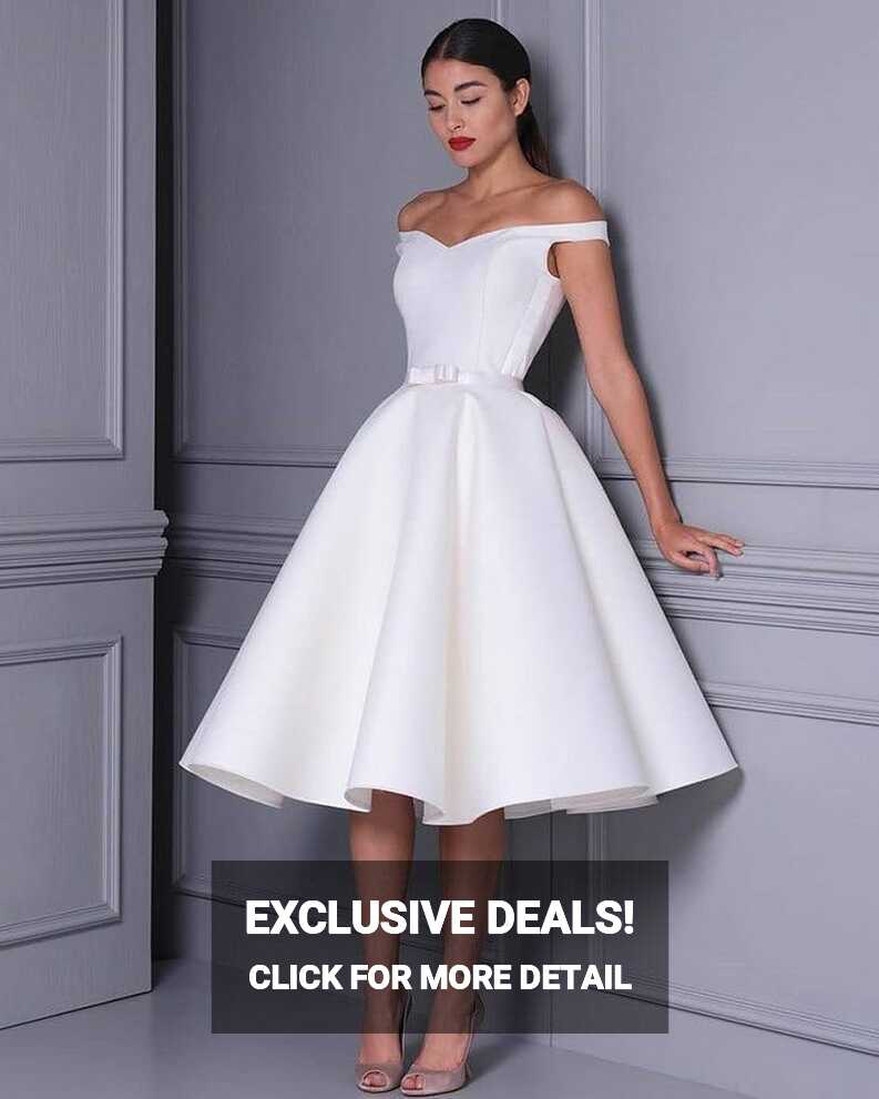 Simple V-neck Satin White Knee Length Wedding Dress