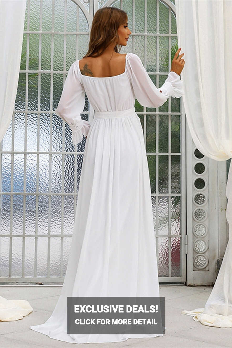 Simple White Chiffon Long Sleeves Boho Wedding Dress – Dreamdressy