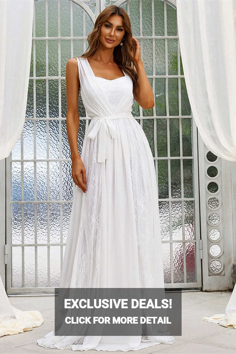 Simple White Chiffon Sleeveless Long Wedding Dress – Dreamdressy