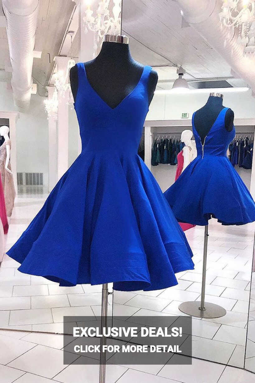 Simple blue v neck short prom dress blue homecoming dress – dresstby