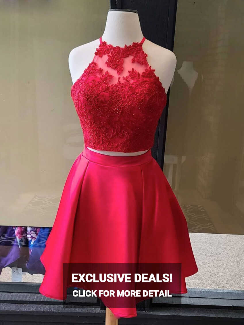 Simple red two pieces short lace prom dress, red homecoming dress ...