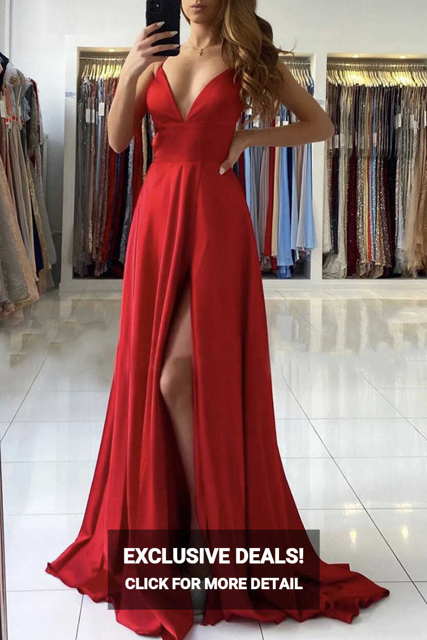 Simple red v neck satin long prom dress red evening dress – shdress