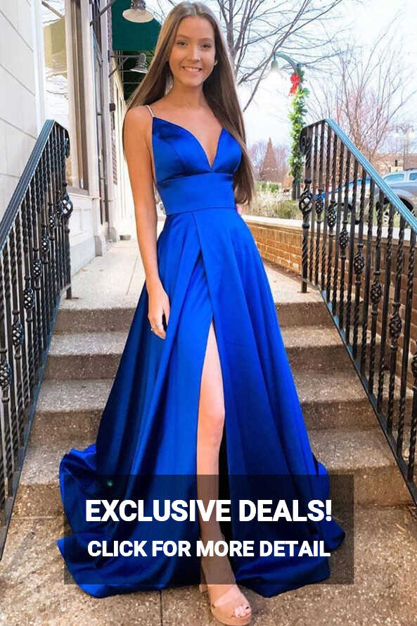 Simple v neck blue satin long prom dress blue formal dress – dresstby