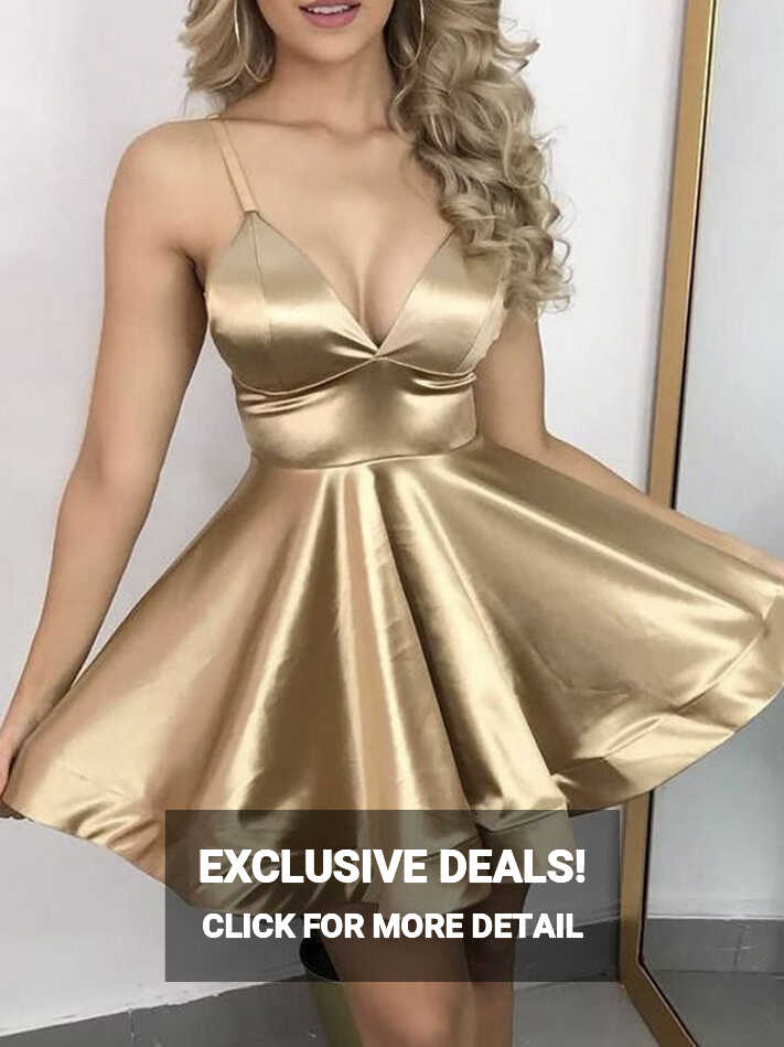 Simple v neck gold satin short prom dress gold evening dress – toptby