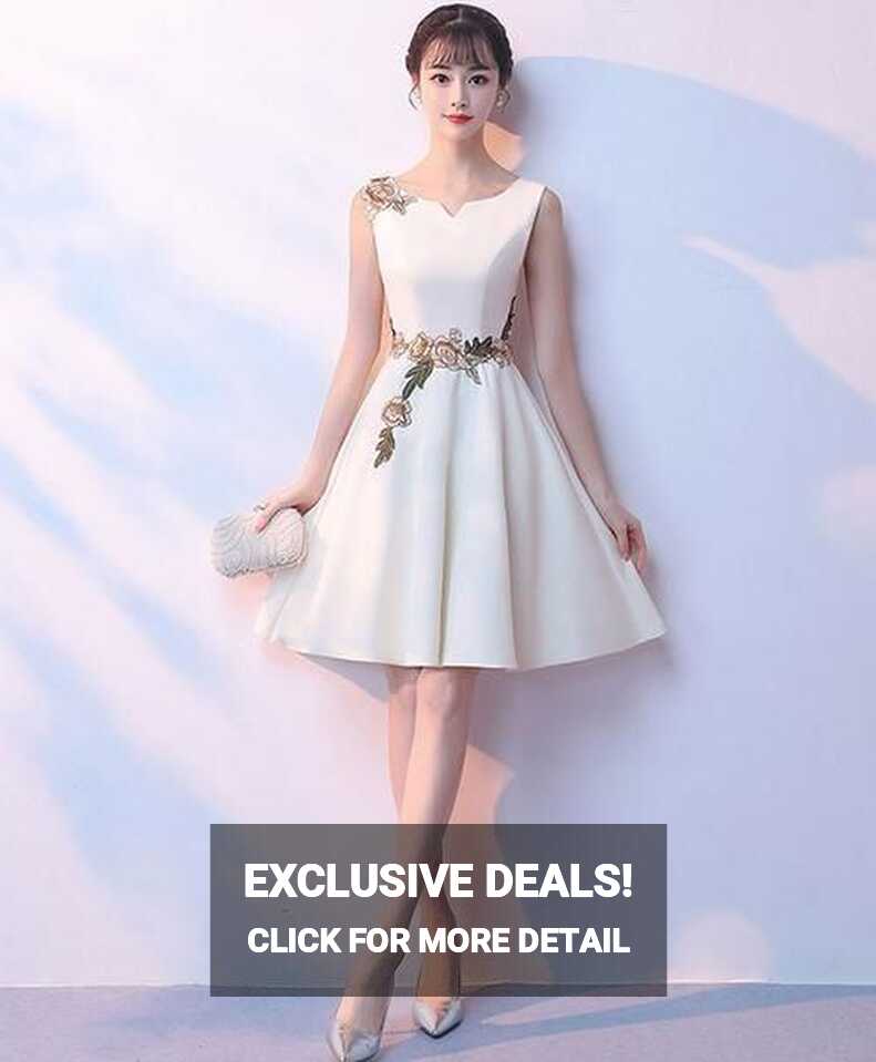 Simple white satin applique short dress, cute homecoming dress cg1584