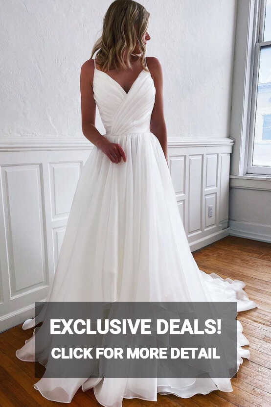 Simple white v neck tulle long prom dress white tulle formal dress ...