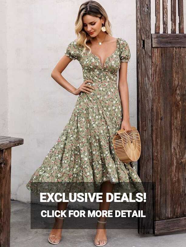 Simplee Notched Neck Ruffle Hem Floral Flowy Dress