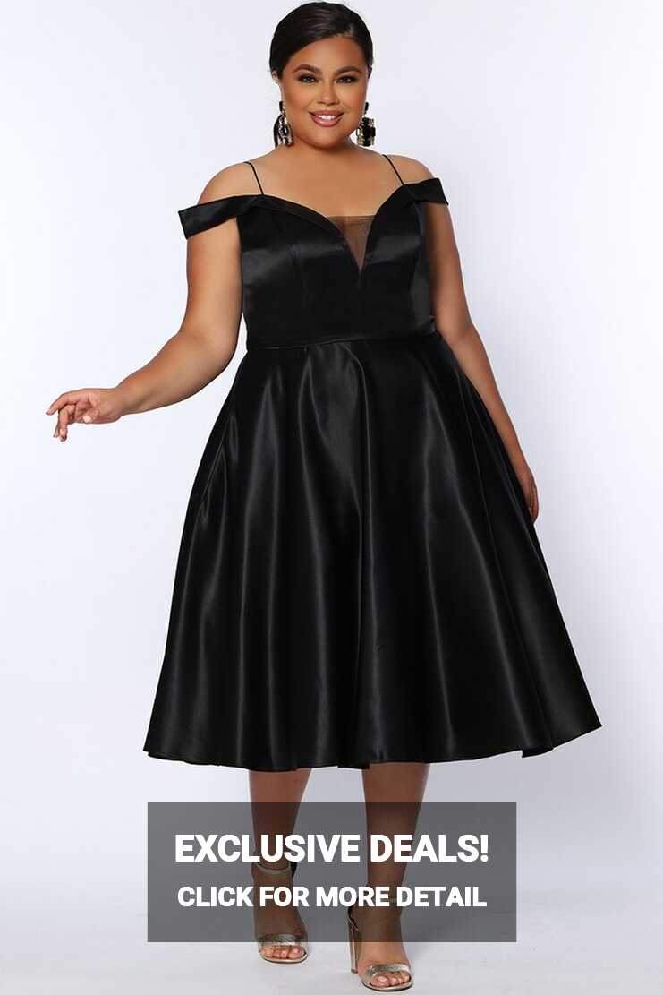 Simply Divine Tea-Length Satin Plus Size Party Dress with Pockets ...