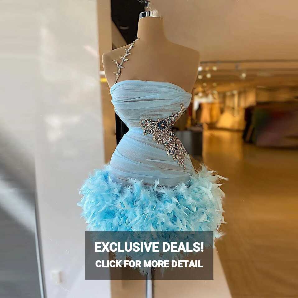 Sky Blue Feathers Short Cocktail Dresses Beaded Crystals Mini Prom ...