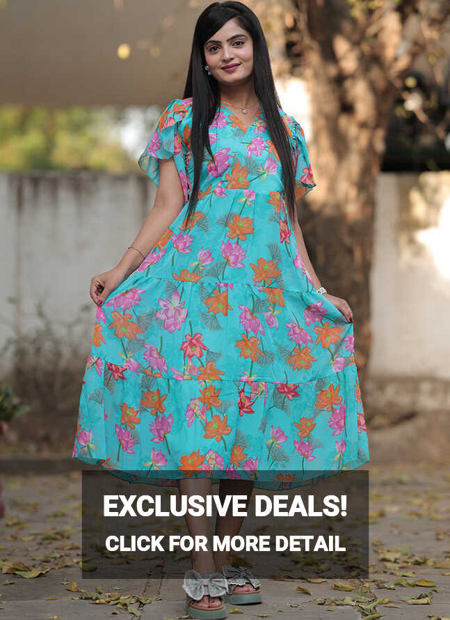 Sky Blue Georgette With Flower Printed Western Midi Dress – Shinisha