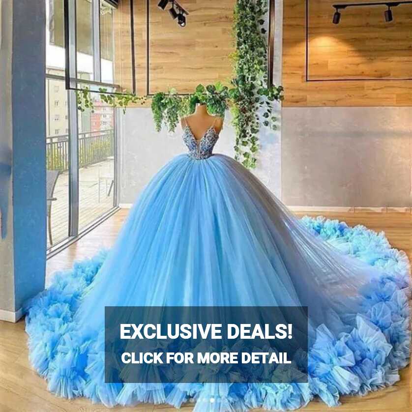 Sky Blue Lace Applique Princess Ball Gown Icy Blue Quinceanera ...