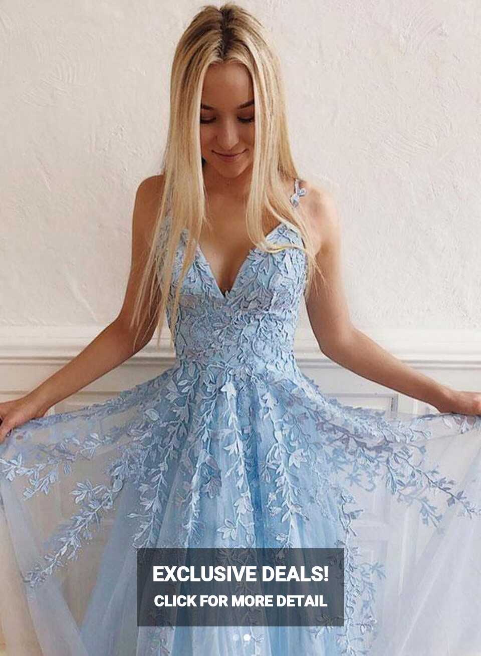 Sky Blue Lace Prom Dresses Long V Neck Rose Red Formal Dress ...