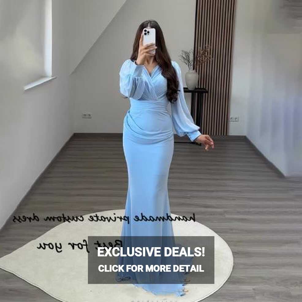 Sky Blue Mermaid Saudi Arabic Evening Dresses Long Sleeve Pleats ...