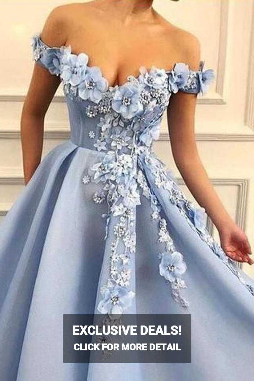 Sky Blue Off the Shoulder Flower Appliques Long Beautiful Prom ...