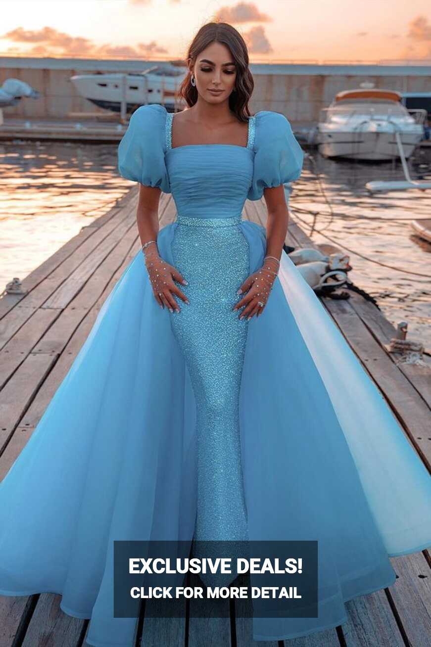 Sky Blue Princess Mermaid Evening Gowns with Sweep Train Short ...