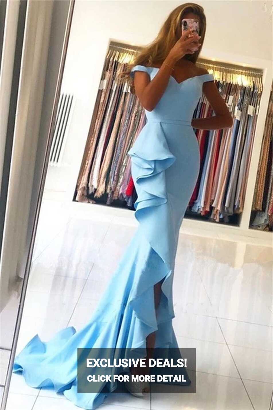 Sky Blue Prom Dresses Short Front Long Back Elastic Satin Off ...