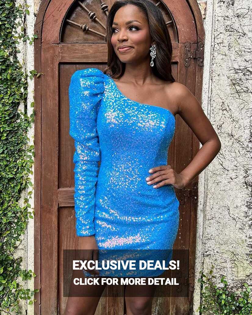 Sky Blue Sequin One Shoulder Bodycon Short Homecoming Dress with ...