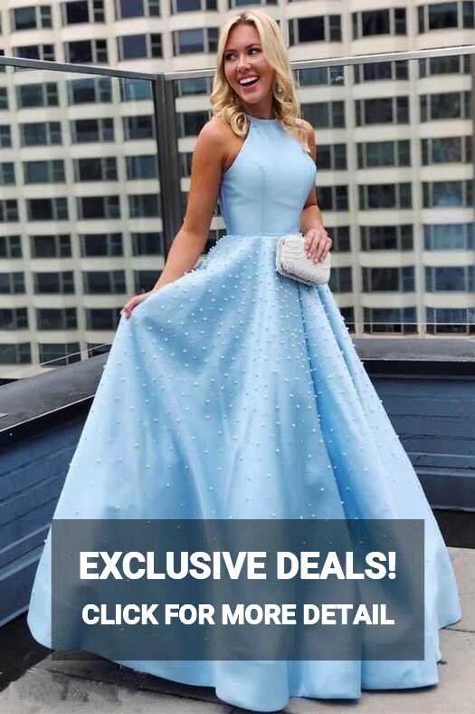 Sky Blue Simple Satin Long Prom Dresses Pearl Skirt Prom Dress ...